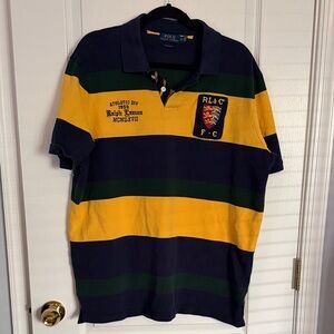 Polo by Ralph Lauren Men's Striped Navy green and Yellow rugby polo Shirt